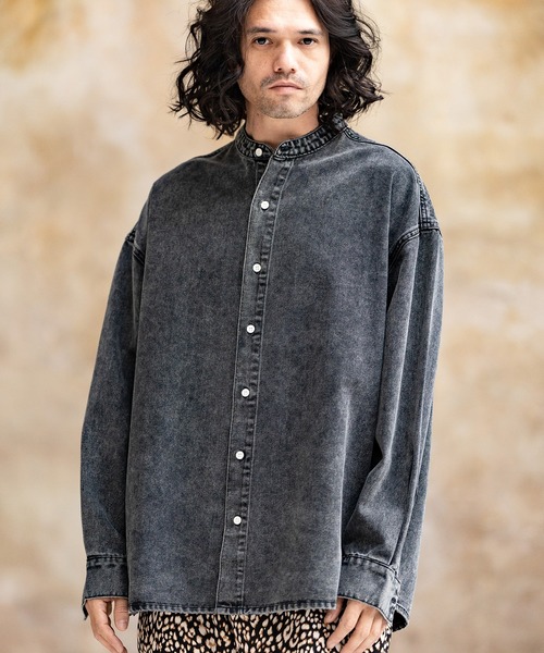 CAMBIO(カンビオ)の「ms5231-Chemical Wash Band Collar Denim Shirts シャツ(シャツ/ブラウス・メンズ・インディゴブルー/ブラック・M/S/L)」の1枚目の写真