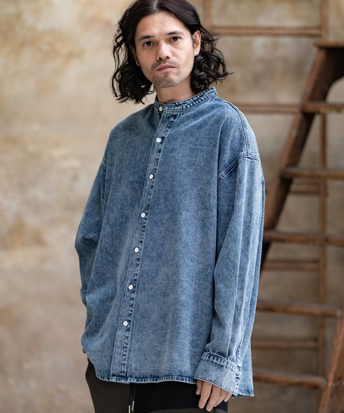 CAMBIO(カンビオ)の「ms5231-Chemical Wash Band Collar Denim Shirts シャツ(シャツ/ブラウス・メンズ・インディゴブルー/ブラック・M/S/L)」の3枚目の写真