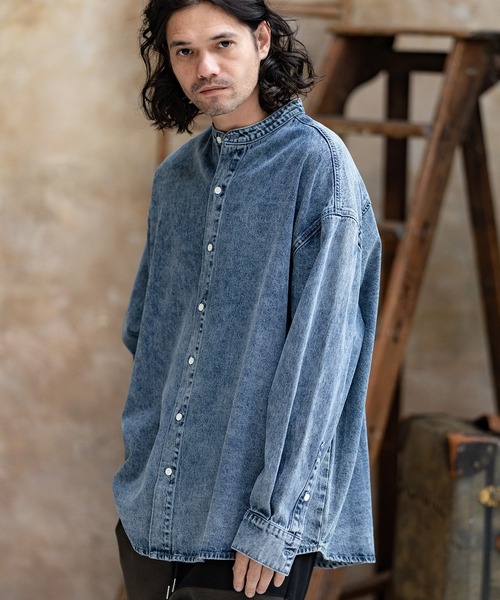 CAMBIO(カンビオ)の「ms5231-Chemical Wash Band Collar Denim Shirts シャツ(シャツ/ブラウス・メンズ・インディゴブルー/ブラック・M/S/L)」の4枚目の写真