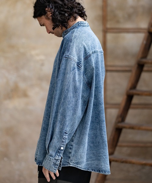 CAMBIO(カンビオ)の「ms5231-Chemical Wash Band Collar Denim Shirts シャツ(シャツ/ブラウス・メンズ・インディゴブルー/ブラック・M/S/L)」の6枚目の写真