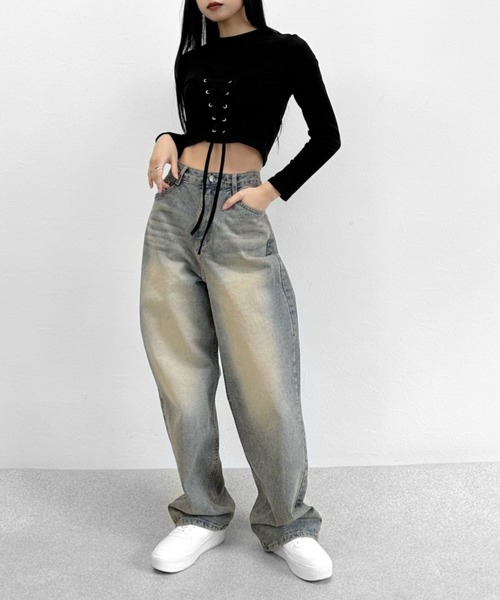 LVEU.(ラブユ.)の「Lace up cropped tops / レースアップクロップドトップス(Tシャツ/カットソー・レディース・ブラック/ホワイト・FREE)」の10枚目の写真