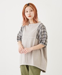 CUBE SUGAR（キューブシュガー）の「WEB限定チェック袖ドロスト裾プルオーバーTシャツ（Tシャツ/カットソー）」