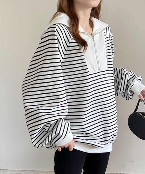 emi+(エミプラス)の「ボリュームスリーブハーフジップボーダートップス(Tシャツ/カットソー・レディース・ホワイト/ブラック・M/L)」の2枚目の写真