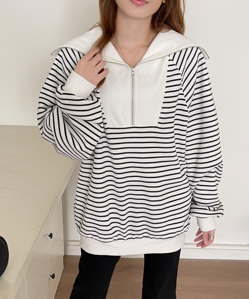 emi+(エミプラス)の「ボリュームスリーブハーフジップボーダートップス(Tシャツ/カットソー・レディース・ホワイト/ブラック・M/L)」の11枚目の写真
