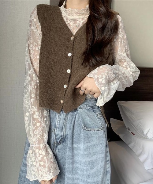 DECEMBERMAY♥️長袖トップス セール】刺しゅうレース 透け感 長袖 インナー トップス（T