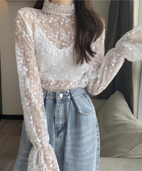 Achic(アシック)の「刺しゅうレース 透け感 長袖 インナー トップス(Tシャツ/カットソー・レディース・ホワイト/ベージュ・M)」の19枚目の写真