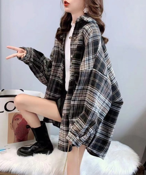 COCOMOMO(ココモモ)の「ゆったり オーバーサイズ チェック柄シャツ ネルシャツ(シャツ/ブラウス・レディース・オレンジ/ピンク/ブラック・FREE)」の6枚目の写真
