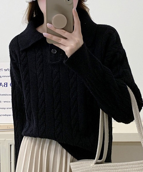 ブラック ケーブル編み ポロシャツ デューリリー Dewlily ケーブル編みポロシャツ風ニット レディース 10