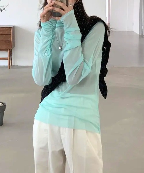 almo(アルモ)の「ハイネックレイヤードトップス(se)(Tシャツ/カットソー・レディース・サックスブルー/ブラック/イエロー/ピンク/グリーン/ホワイト/オレンジ・FREE)」の14枚目の写真