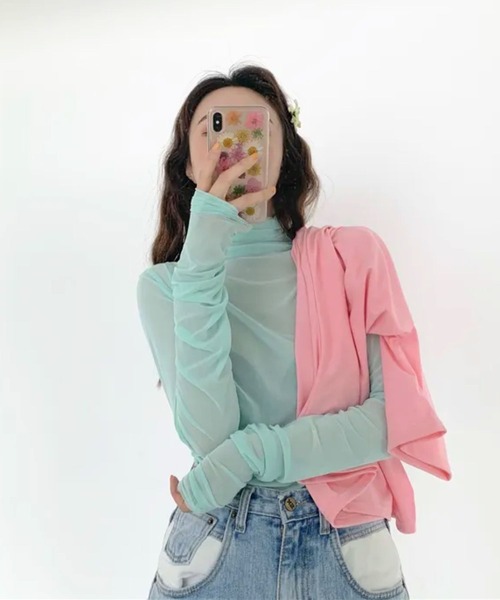 almo(アルモ)の「ハイネックレイヤードトップス(se)(Tシャツ/カットソー・レディース・サックスブルー/ブラック/イエロー/ピンク/グリーン/ホワイト/オレンジ・FREE)」の16枚目の写真