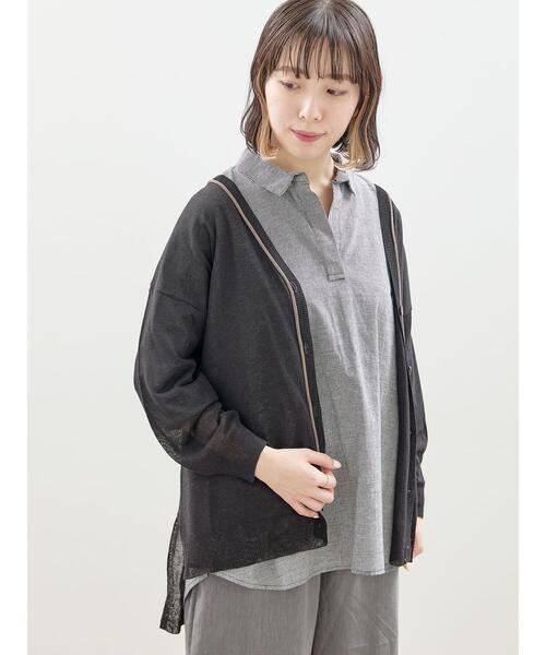 Samansa Mos2（サマンサ モスモス）の「配色ラインVネックカーディガン（カーディガン/ボレロ・レディース・イエロー/ブルー/キナリ/ブラック・F）」の2枚目の写真