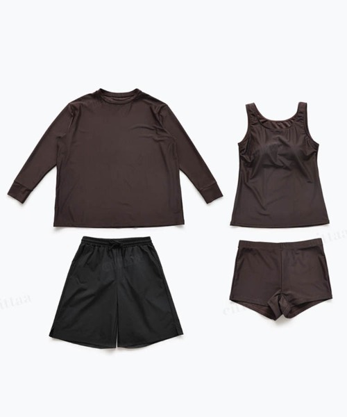 Dalfwin（ダールフィン）の「【４点セット】UPF50+　タンキニ×ゆったり長袖トップス×ハーフパンツ セット水着 UV日焼け対策（水着・レディース・モカ/ホワイト/ライトグレー/ブラウン/グレー/グリーン/ブラック/スカイブルー・MEDIUM/X-LARGE/XX-LARGE/LARGE）」の5枚目の写真