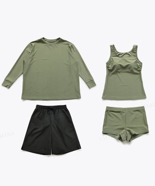 Dalfwin（ダールフィン）の「【４点セット】UPF50+　タンキニ×ゆったり長袖トップス×ハーフパンツ セット水着 UV日焼け対策（水着・レディース・モカ/ホワイト/ライトグレー/ブラウン/グレー/グリーン/ブラック/スカイブルー・MEDIUM/X-LARGE/XX-LARGE/LARGE）」の7枚目の写真