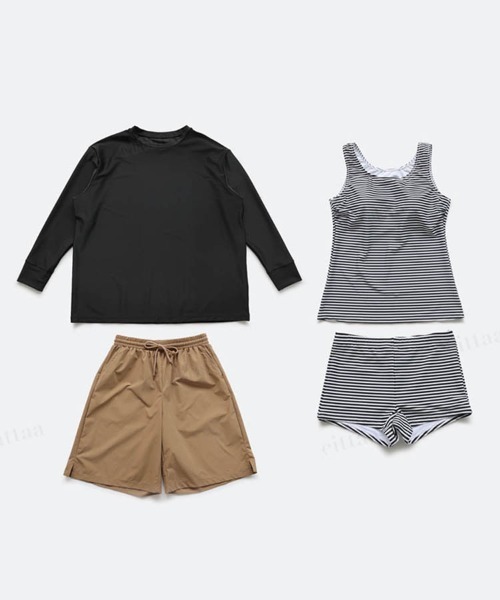 Dalfwin（ダールフィン）の「【４点セット】UPF50+　タンキニ×ゆったり長袖トップス×ハーフパンツ セット水着 UV日焼け対策（水着・レディース・モカ/ホワイト/ライトグレー/ブラウン/グレー/グリーン/ブラック/スカイブルー・MEDIUM/X-LARGE/XX-LARGE/LARGE）」の3枚目の写真