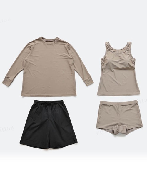 Dalfwin（ダールフィン）の「【４点セット】UPF50+　タンキニ×ゆったり長袖トップス×ハーフパンツ セット水着 UV日焼け対策（水着・レディース・モカ/ホワイト/ライトグレー/ブラウン/グレー/グリーン/ブラック/スカイブルー・MEDIUM/X-LARGE/XX-LARGE/LARGE）」の6枚目の写真