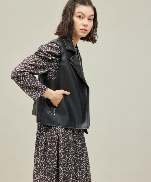 セール】シンセティックレザーノースリーブジャケット（ライダース