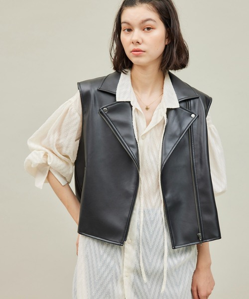 セール】シンセティックレザーノースリーブジャケット（ライダース