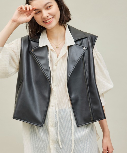 セール】シンセティックレザーノースリーブジャケット