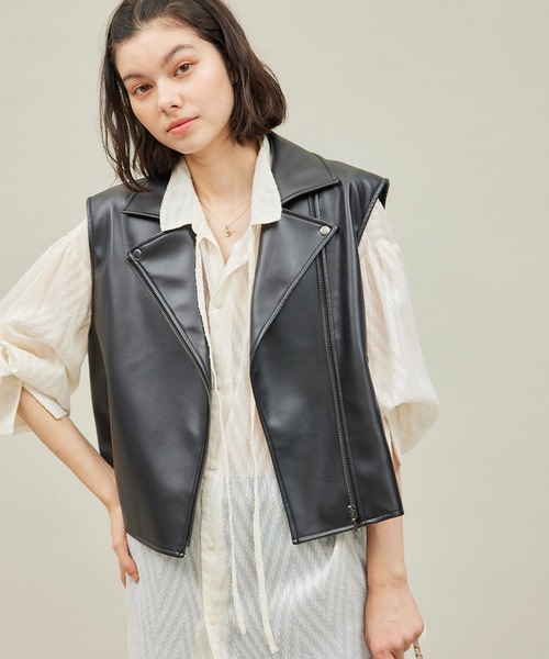 セール】シンセティックレザーノースリーブジャケット