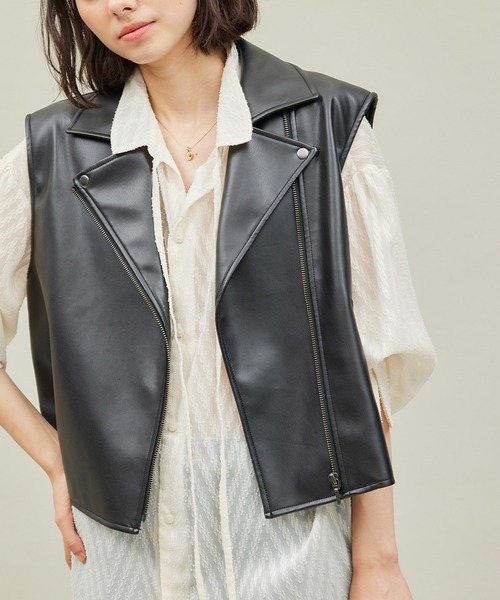 セール】シンセティックレザーノースリーブブルゾン（ライダース