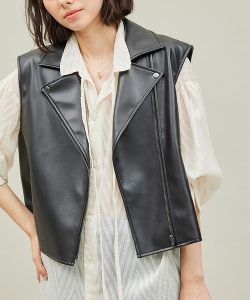 Bshop別注 sisii 23AW ノースリーブライダース レザージャケット セール】シンセティックレザーノースリーブブルゾン（ライダース