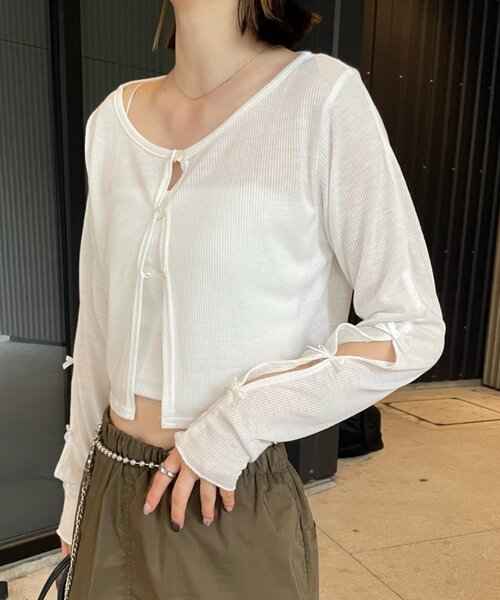 mline（エムライン）の「[mline]袖リボンカーディガン（Tシャツ/カットソー・レディース・グレー/オフホワイト/ブラック/レッド/ピンク・FREE）」の2枚目の写真
