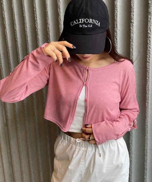 mline（エムライン）の「[mline]袖リボンカーディガン（Tシャツ/カットソー・レディース・グレー/オフホワイト/ブラック/レッド/ピンク・FREE）」の5枚目の写真