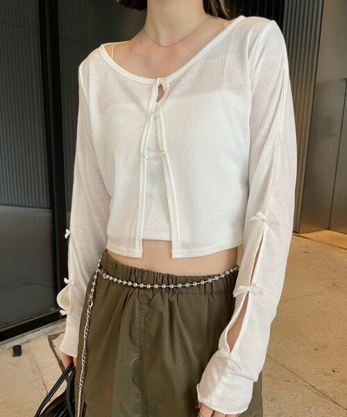mline（エムライン）の「[mline]袖リボンカーディガン（Tシャツ/カットソー・レディース・グレー/オフホワイト/ブラック/レッド/ピンク・FREE）」の7枚目の写真