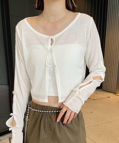 mline（エムライン）の「[mline]袖リボンカーディガン（Tシャツ/カットソー・レディース・グレー/オフホワイト/ブラック/レッド/ピンク・FREE）」の8枚目の写真