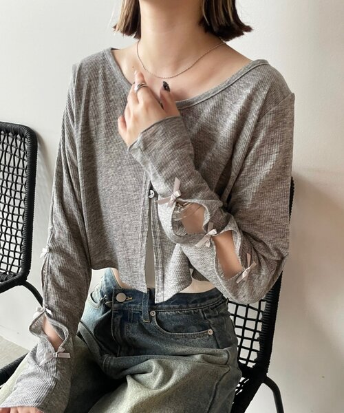 mline（エムライン）の「[mline]袖リボンカーディガン（Tシャツ/カットソー・レディース・グレー/オフホワイト/ブラック/レッド/ピンク・FREE）」の15枚目の写真