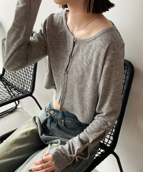 mline（エムライン）の「[mline]袖リボンカーディガン（Tシャツ/カットソー・レディース・グレー/オフホワイト/ブラック/レッド/ピンク・FREE）」の17枚目の写真