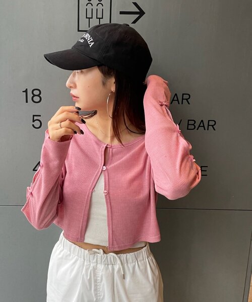 mline（エムライン）の「[mline]袖リボンカーディガン（Tシャツ/カットソー・レディース・グレー/オフホワイト/ブラック/レッド/ピンク・FREE）」の18枚目の写真