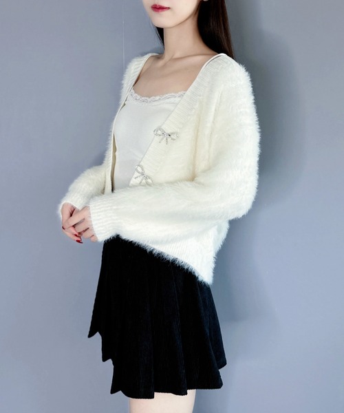 Silly（シリー）の「【ふわふわの手触りが気持ちいい◎】リボンカーディガン（カーディガン/ボレロ・レディース・ブラック/ホワイト/ピンク・FREE）」の8枚目の写真