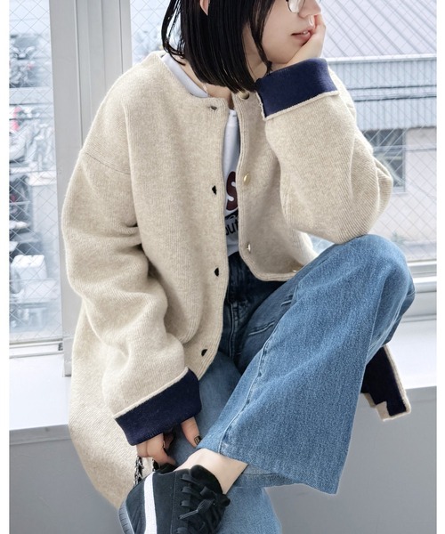 reca(レカ)の「Wフェイスニットコート(ノーカラーコート・レディース・グレー/ベージュ/オートミール/グレー系その他・FREE)」の4枚目の写真