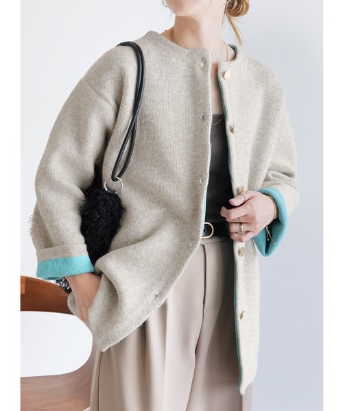 reca(レカ)の「Wフェイスニットコート(ノーカラーコート・レディース・グレー/ベージュ/オートミール/グレー系その他・FREE)」の3枚目の写真