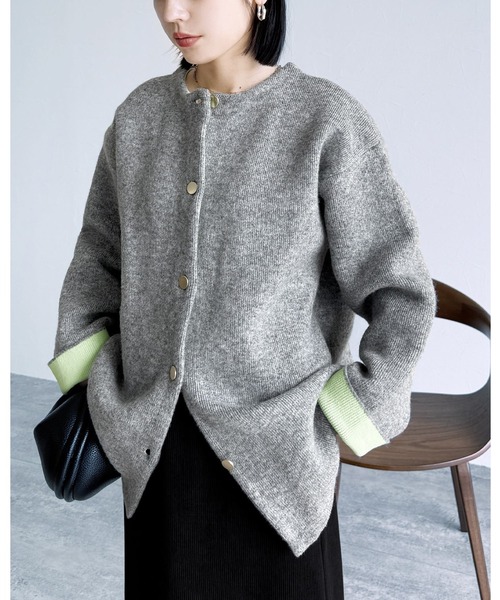 reca(レカ)の「Wフェイスニットコート(ノーカラーコート・レディース・グレー/ベージュ/オートミール/グレー系その他・FREE)」の2枚目の写真