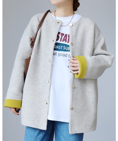 reca(レカ)の「Wフェイスニットコート(ノーカラーコート・レディース・グレー/ベージュ/オートミール/グレー系その他・FREE)」の1枚目の写真