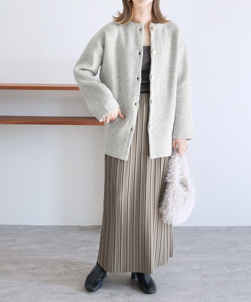 reca(レカ)の「Wフェイスニットコート(ノーカラーコート・レディース・グレー/ベージュ/オートミール/グレー系その他・FREE)」の5枚目の写真