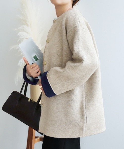 reca(レカ)の「Wフェイスニットコート(ノーカラーコート・レディース・グレー/ベージュ/オートミール/グレー系その他・FREE)」の13枚目の写真