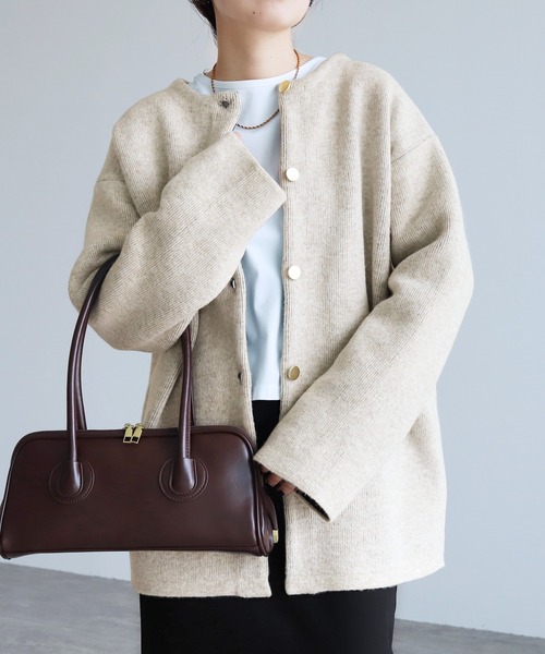 reca(レカ)の「Wフェイスニットコート(ノーカラーコート・レディース・グレー/ベージュ/オートミール/グレー系その他・FREE)」の14枚目の写真