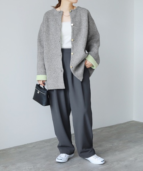 reca(レカ)の「Wフェイスニットコート(ノーカラーコート・レディース・グレー/ベージュ/オートミール/グレー系その他・FREE)」の7枚目の写真