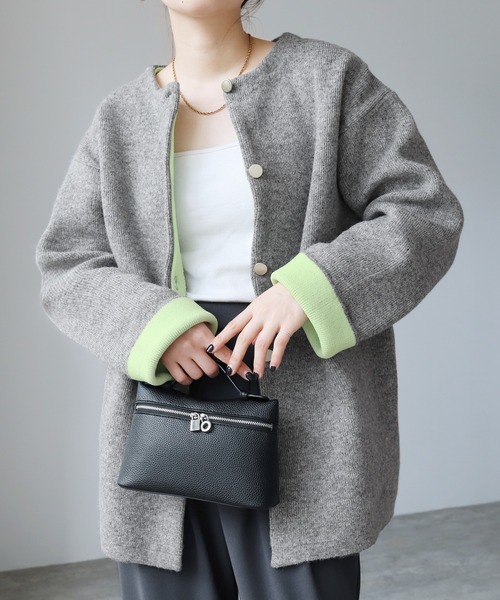 reca(レカ)の「Wフェイスニットコート(ノーカラーコート・レディース・グレー/ベージュ/オートミール/グレー系その他・FREE)」の9枚目の写真