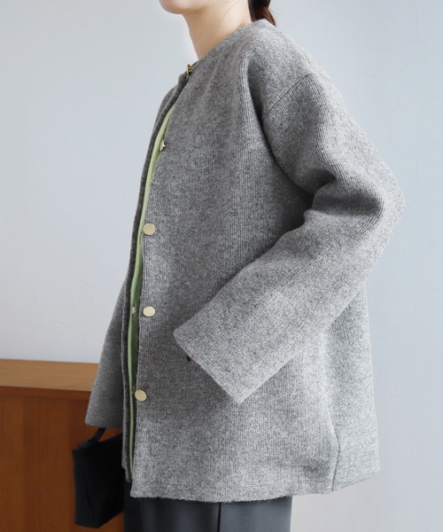 reca(レカ)の「Wフェイスニットコート(ノーカラーコート・レディース・グレー/ベージュ/オートミール/グレー系その他・FREE)」の10枚目の写真