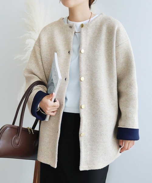 reca(レカ)の「Wフェイスニットコート(ノーカラーコート・レディース・グレー/ベージュ/オートミール/グレー系その他・FREE)」の15枚目の写真