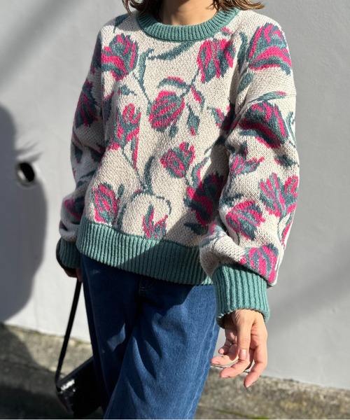 mi via loca（ミヴィアロカ）の「ダブルジャガード フラワー柄 ニットプルオーバー（ニット/セーター・レディース・ブラウン/アイボリー・FREE）」の7枚目の写真