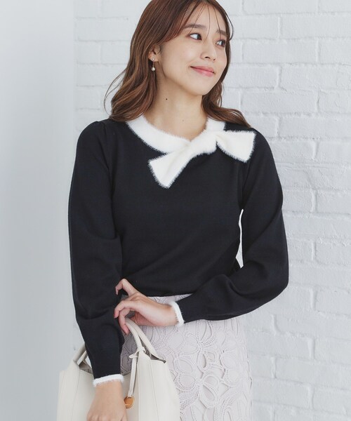 index（インデックス）の「◆《6color/XS-LLsize》リボン取り外し2WAY フェザーリボンニット【洗濯機洗い可】（ニット/セーター・レディース・ベージュ系その他7/チャコールグレー/ナチュラル/ブラック系4/サックスブルー/ブラック系7・34/36/38/40/42）」の2枚目の写真