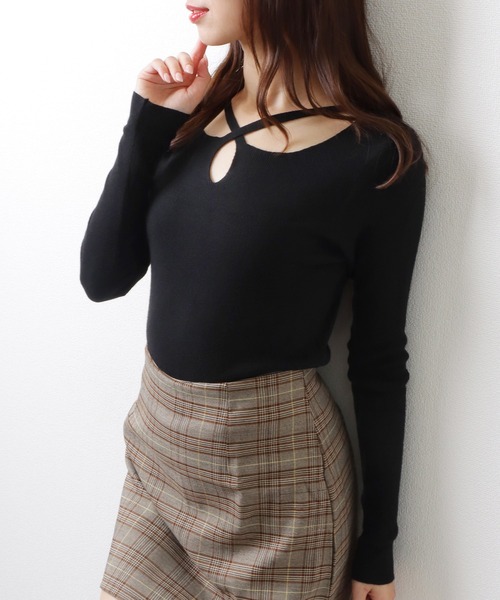 Lace Ladies(レースレディース)の「クロルストラップ ソリッドカラー ラウンドネック ニット トップス(ニット/セーター・レディース・ブラック/ベージュ/ホワイト・FREE)」の8枚目の写真