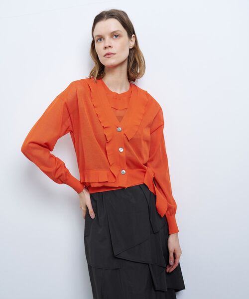 LANVIN en Bleu（ランバンオンブルー）の「Vネックフリルトリムカーディガン（ニット/セーター・レディース・オフホワイト/オレンジ/イエロー/チャコールグレー・38）」の14枚目の写真