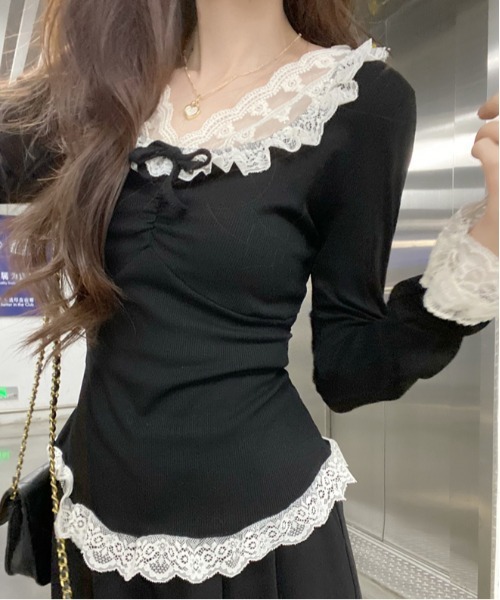 Sibra(シブラ)の「ヴィクトリアレースフリルカットソー(Tシャツ/カットソー・レディース・ホワイト/アイボリー/ブラック・M)」の5枚目の写真
