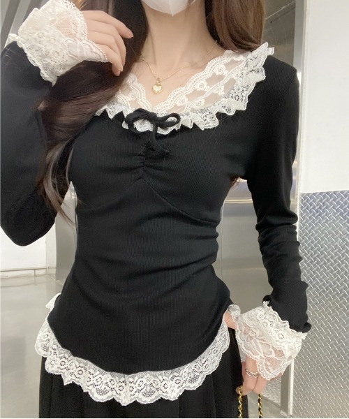 Sibra(シブラ)の「ヴィクトリアレースフリルカットソー(Tシャツ/カットソー・レディース・ホワイト/アイボリー/ブラック・M)」の6枚目の写真